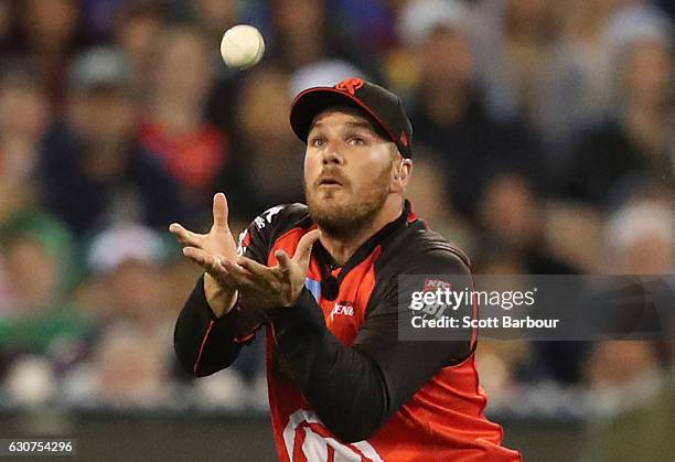 Aaron Finch of the Renegades takes a catch from a delivery that was ruled a no-ball during the Big Bash League match between the Melbourne Stars and...