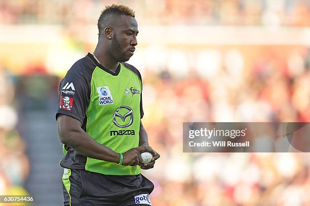 Andre Russell of the Thunder prepares to bowl during the Big Bash League match between the Perth Scorchers and Sydney Thunder at WACA on January 1,...