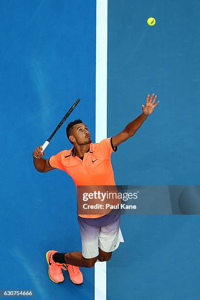 Nick Kyrgios of Australia serves during his match against Feliciano Lopez of Spain on day one of the 2017 Hopman Cup at Perth Arena on January 1,...