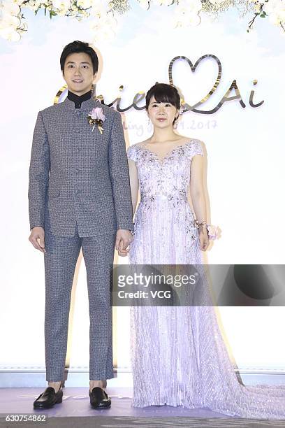 Taiwanese table tennis player Chiang Hung-chieh meets media with his wife Japanese table tennis player Ai Fukuhara during their wedding ceremony on...