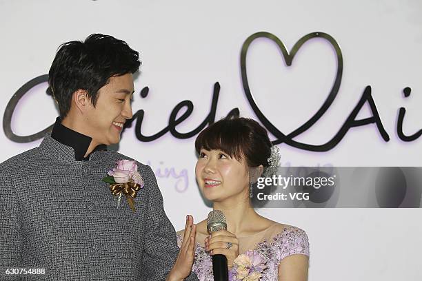 Taiwanese table tennis player Chiang Hung-chieh meets media with his wife Japanese table tennis player Ai Fukuhara during their wedding ceremony on...