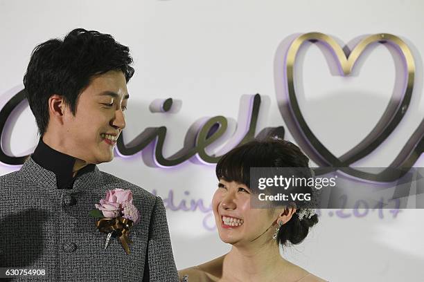 Taiwanese table tennis player Chiang Hung-chieh meets media with his wife Japanese table tennis player Ai Fukuhara during their wedding ceremony on...