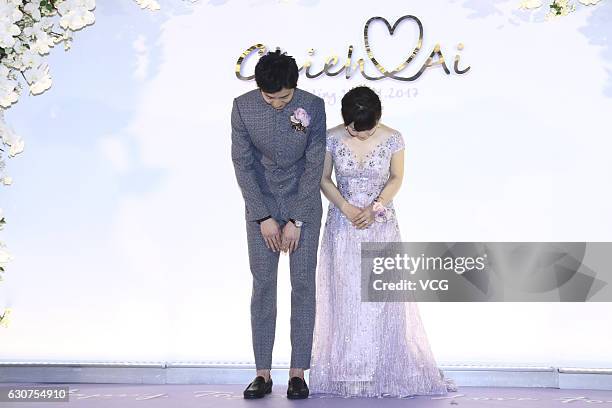 Taiwanese table tennis player Chiang Hung-chieh meets media with his wife Japanese table tennis player Ai Fukuhara during their wedding ceremony on...