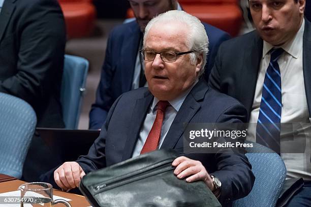 Russian Permanent Representative to the UN Vitaly Churkin is seen at the Security Council meeting. Following a round of mid-morning consultations,...