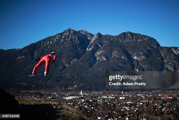 Stephan Leyhe of Germany accelerates down the inrun during his practice jump on Day 2 of the 65th Four Hills Tournament ski jumping event on January...