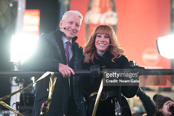 Anderson Cooper and Kathy Griffin host 'New Year's Eve Live' on CNN during New Year's Eve 2017 in Times Square on December 31, 2016 in New York City.
