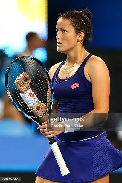 Lara Arruabarrena of Spain celebrates winning her match against Daria Gavrilova of Australia on day one of the 2017 Hopman Cup at Perth Arena on...