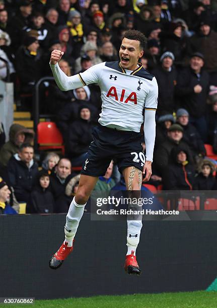 Dele Alli of Tottenham Hotspur celebrates as he scores their third goal during the Premier League match between Watford and Tottenham Hotspur at...