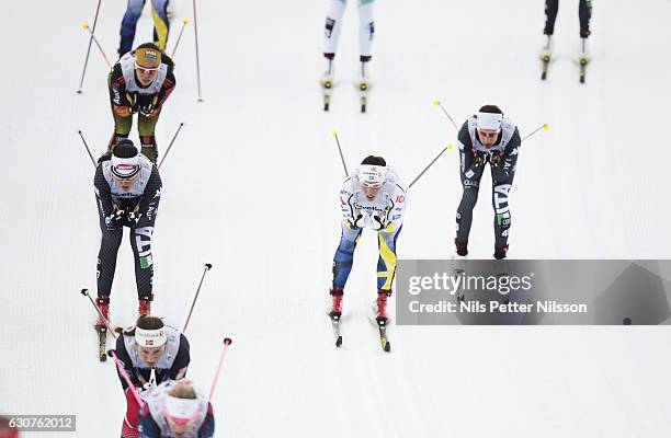 Charlotte Kalla of Sweden competes during the women's 5 km C mass start race on January 1, 2017 in Val Mustair, Switzerland.