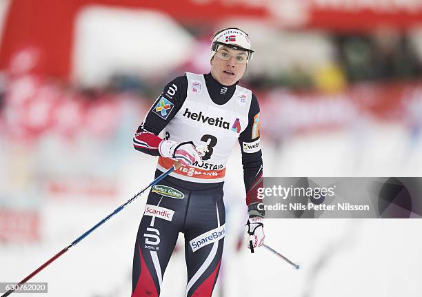 Heidi Weng of Norway during the women's 5 km C mass start race on January 1, 2017 in Val Mustair, Switzerland.