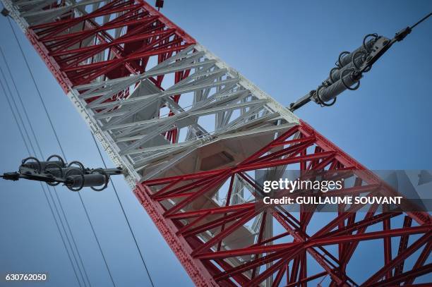 Picture taken on December 23, 2016 shows the TDF radiobroadcaster transmitter antenna of 350 meters meters high in Allouis near Vierzon, central...