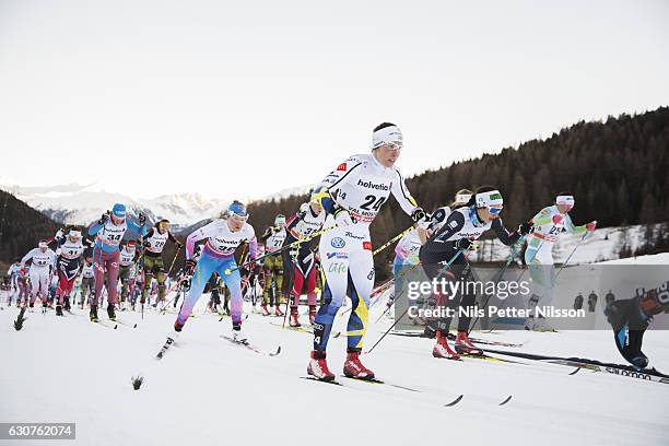 Charlotte Kalla of Sweden competes during the women's 5 km C mass start race on January 1, 2017 in Val Mustair, Switzerland.