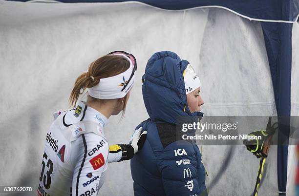 Charlotte Kalla of Sweden reacts after the women's 5 km C mass start race on January 1, 2017 in Val Mustair, Switzerland.