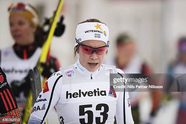 Emma Wiken of Sweden during the women's 5 km C mass start race on January 1, 2017 in Val Mustair, Switzerland.