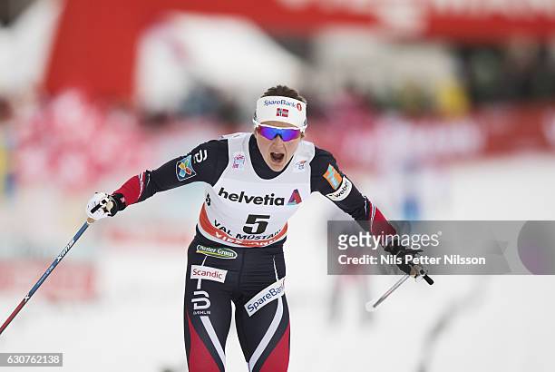 Ingvild Flugstad Oestberg of Norway celebrates after the victory during the women's 5 km C mass start race on January 1, 2017 in Val Mustair,...