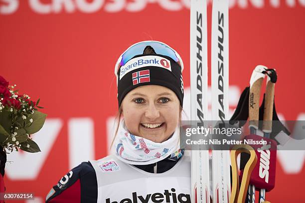 Ingvild Flugstad Oestberg of Norway after the women's 5 km C mass start race on January 1, 2017 in Val Mustair, Switzerland.