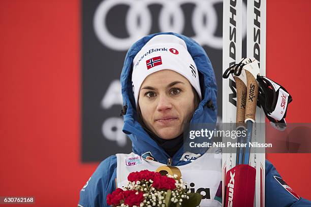 Heidi Weng of Norway after the women's 5 km C mass start race on January 1, 2017 in Val Mustair, Switzerland.