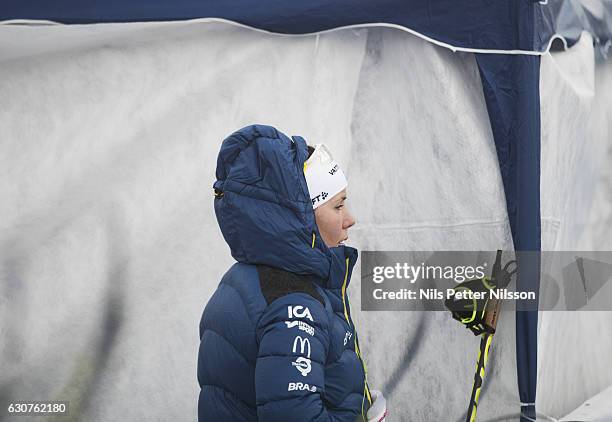 Charlotte Kalla of Sweden reacts after the women's 5 km C mass start race on January 1, 2017 in Val Mustair, Switzerland.