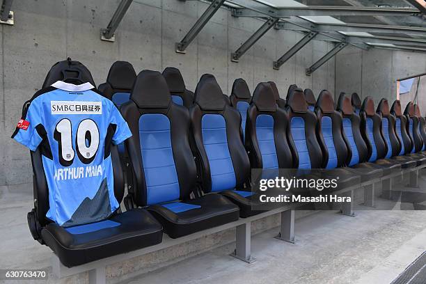 Uniform of Arthur Maia on the bench of Kawasaki Frontale before the 96th Emperor's Cup final match between Kashima Antlers and Kawasaki Frontale at...