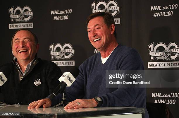 Commissioner Gary Bettman and NHL Centennial Ambassador Wayne Gretzky speak to the media to launch the Leagues Centennial Celebration prior to the...