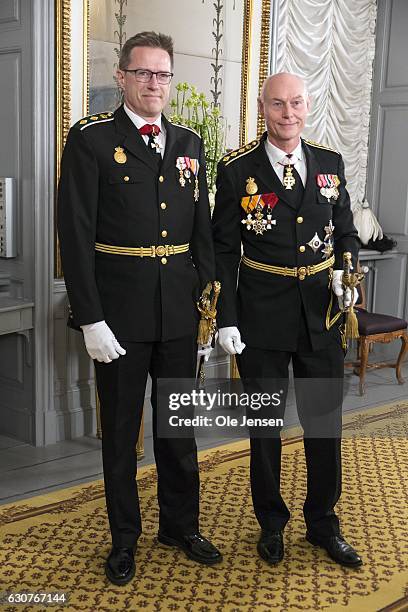 National Police Chief Jens Henrik Hojbjerg and Copenhagen Police Director Thorkild Fogde arrive to Queen Margrethe of Denmark's New Year's reception...