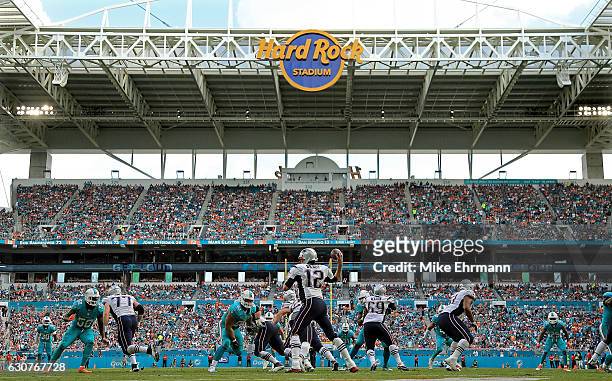 Tom Brady of the New England Patriots passes during a game against the Miami Dolphins at Hard Rock Stadium on January 1, 2017 in Miami Gardens,...