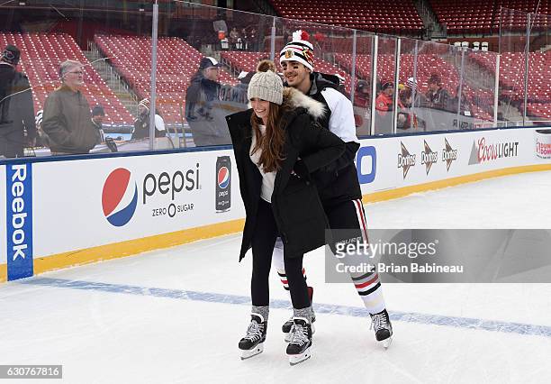Trevor van Riemsdyk of the Chicago Blackhawks and guest skate during the family skate as part of the 2017 Bridgestone NHL Winter Classic at Busch...