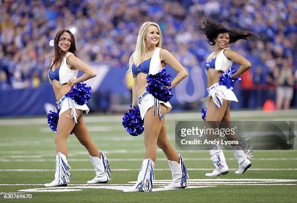 Indianapolis Colts cheerleaders perform durling the game against the Jacksonville Jaguars at Lucas Oil Stadium on January 1, 2017 in Indianapolis,...