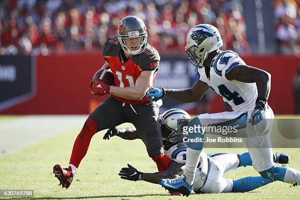 Adam Humphries of the Tampa Bay Buccaneers runs after a reception against the Carolina Panthers in the fourth quarter of the game at Raymond James...