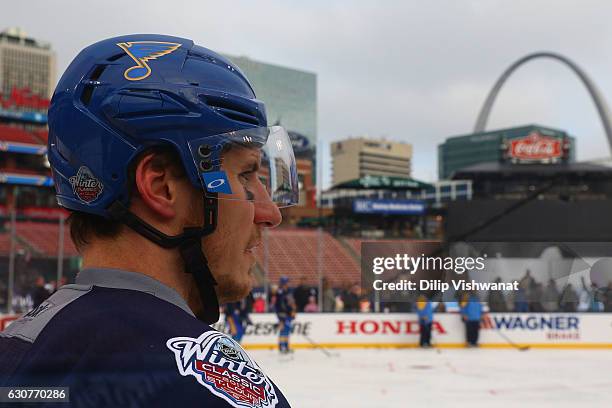 Alexander Steen of the St. Louis Blues looks on during the 2017 Bridgestone NHL Winter Classic Practice Day at Busch Stadium on January 1, 2017 in...