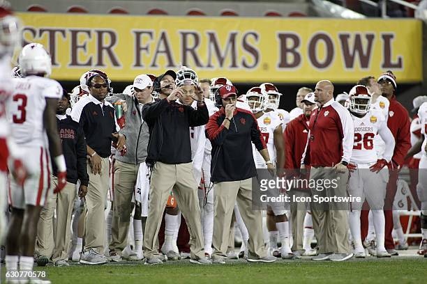 Indiana defensive coordinator Mark Hagen and head coach Tom Allen set the defense at the Foster Farms Bowl between the Indiana Hoosiers and Utah Utes...