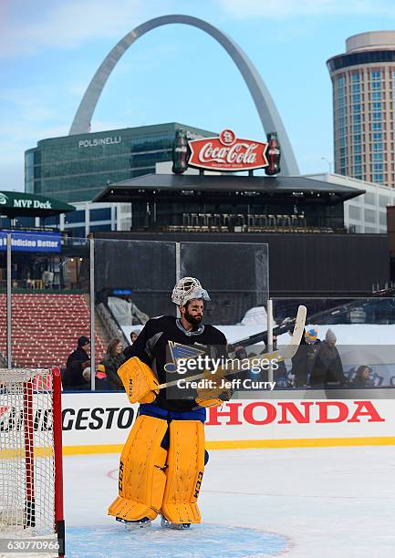 Carter Hutton of the St. Louis Blues skates during practice for the 2017 Bridgestone NHL Winter Classic at Busch Stadium on January 1, 2017 in St....