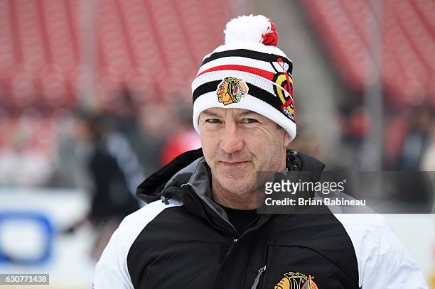 Assistant coach Kevin Dineen looks on during practice for the 2017 Bridgestone NHL Winter Classic at Busch Stadium on January 1, 2017 in St Louis,...