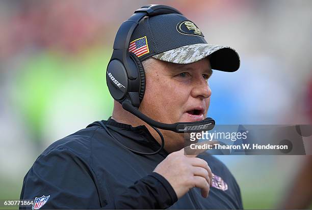 Head coach Chip Kelly of the San Francisco 49ers looks on from the sidelines against the Seattle Seahawks during the first quarter of their NFL...