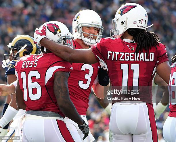 Carson Palmer of the Arizona Cardinals celebrates his touchdown pass to Jeremy Ross with Larry Fitzgerald to take a 13-0 lead over the Los Angeles...
