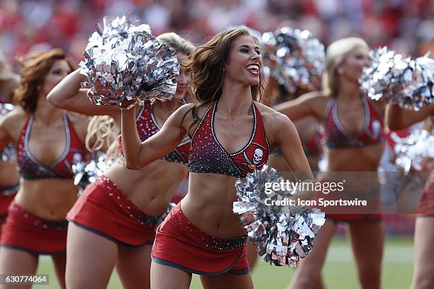 Tampa Bay Buccaneers cheerleader in action during the NFL game between the Carolina Panthers and Tampa Bay Buccaneers on January 1 at Raymond James...