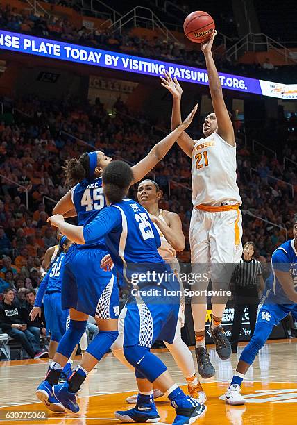 Tennessee Lady Volunteers center Mercedes Russell takes a jump shot over Kentucky Wildcats center Alyssa Rice during a game between the Tennessee...