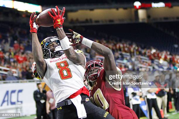 Maryland Terrapins wide receiver Levern Jacobs reaches out to catch a pass during Quick Lane Bowl game action between the Boston College Eagles and...