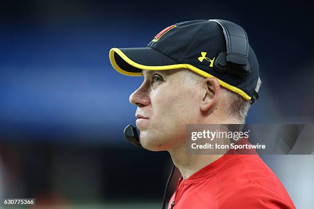 Maryland Terrapins head coach DJ Durkin looks on during Quick Lane Bowl game action between the Boston College Eagles and the Maryland Terrapins on...