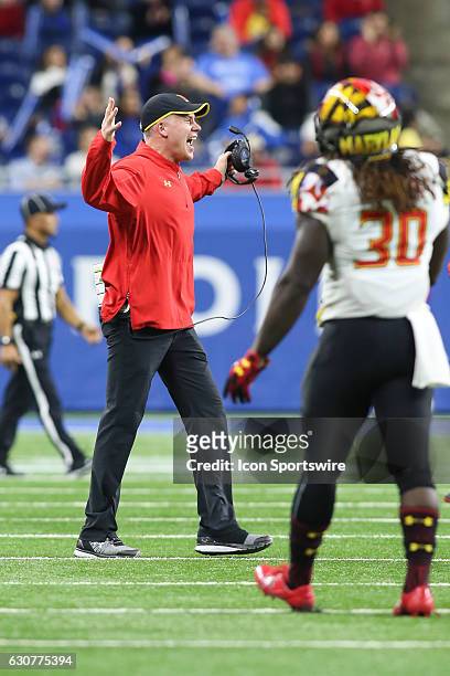 Maryland Terrapins head coach DJ Durkin reacts to a play during Quick Lane Bowl game action between the Boston College Eagles and the Maryland...