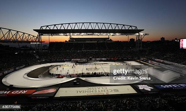 The Toronto Maple Leafs and the Detroit Red Wings play in the 2017 Scotiabank NHL Centennial Classic game at Exhibition Stadium on January 1, 2017 in...