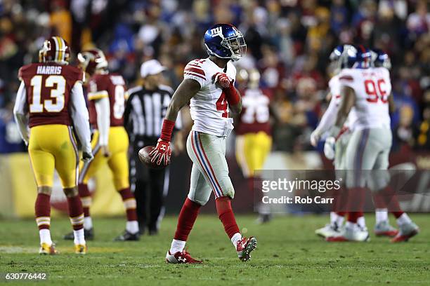Cornerback Dominique Rodgers-Cromartie of the New York Giants celebrates after intercepting the ball against the Washington Redskins in the fourth...