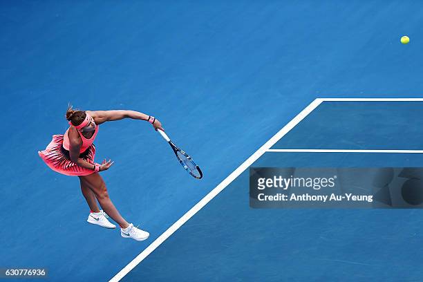 Lucie Safarova of Czech Republic serves in her match against Denisa Allertova of Czech Republic on day one of the ASB Classic on January 2, 2017 in...