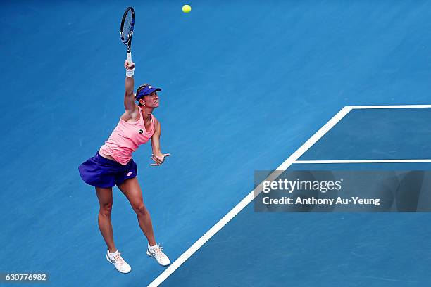 Denisa Allertova of Czech Republic serves in her match against Lucie Safarova of Czech Republic on day one of the ASB Classic on January 2, 2017 in...