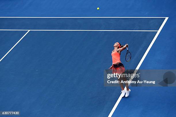 Lucie Safarova of Czech Republic serves in her match against Denisa Allertova of Czech Republic on day one of the ASB Classic on January 2, 2017 in...