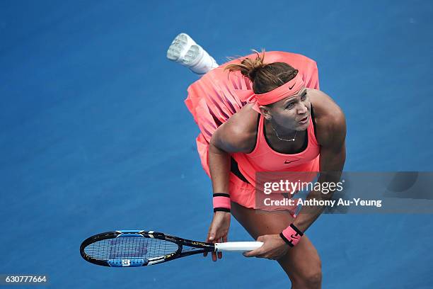 Lucie Safarova of Czech Republic serves in her match against Denisa Allertova of Czech Republic on day one of the ASB Classic on January 2, 2017 in...