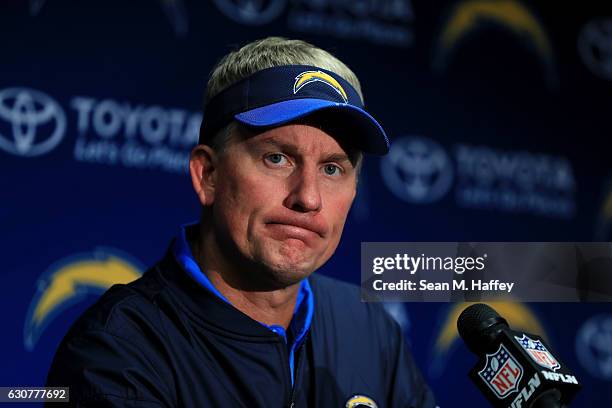 Head Coach Mike McCoy of the San Diego Chargers addresses the media after losing to the Kansas City Chiefs 37-27 in a game at Qualcomm Stadium on...