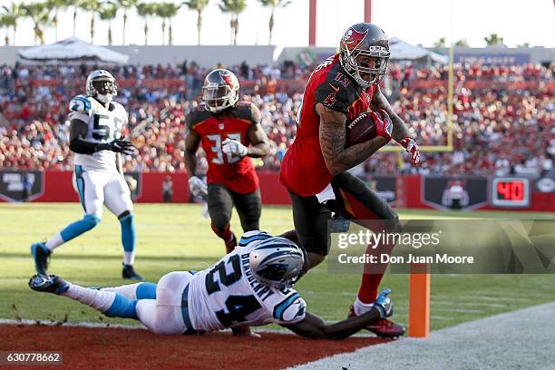 Wide receiver Mike Evans of the Tampa Bay Buccaneers scores the game-winning touchdown catch over Cornerback James Bradberry of the Carolina Panthers...