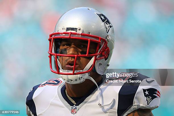 Michael Floyd of the New England Patriots plays against the Miami Dolphins at Hard Rock Stadium on January 1, 2017 in Miami Gardens, Florida.