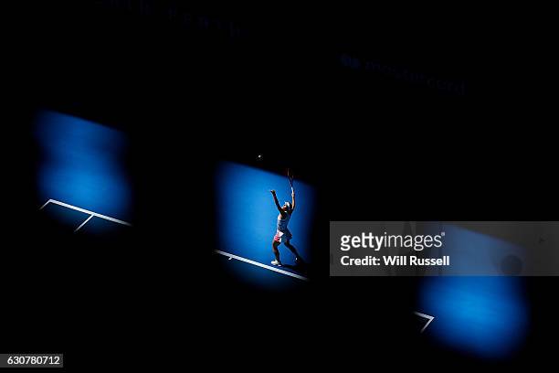 Andrea Petkovic of Germany serves to Kristina Mladenovic of France in the Womens single match on day two of the 2017 Hopman Cup at Perth Arena on...